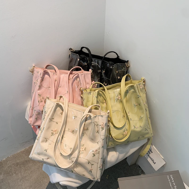 

Large Capacity Women's Bag One Shoulder Portable Off White Multicolor Plant Flower Zipper Horizontal Square Girl Jelly Tote Bags