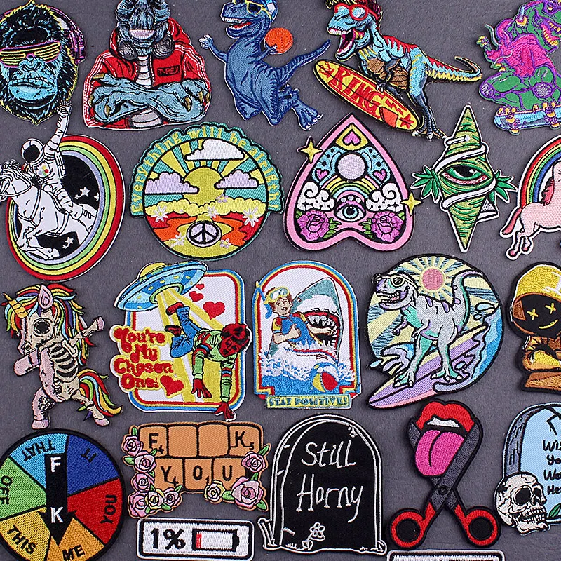 

Hippie Iron On Embroidered Patches For Clothing Stickers DIY Dionsaur Badges On Backpack Punk Stripes Patches On Clothes Jacket