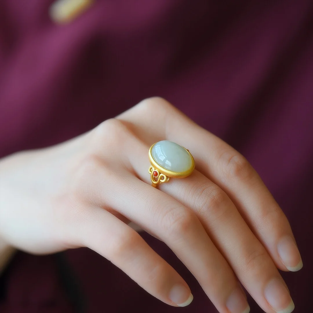 

Chinese natural ancient silver inlaid with hetian jade retro egg noodle ring