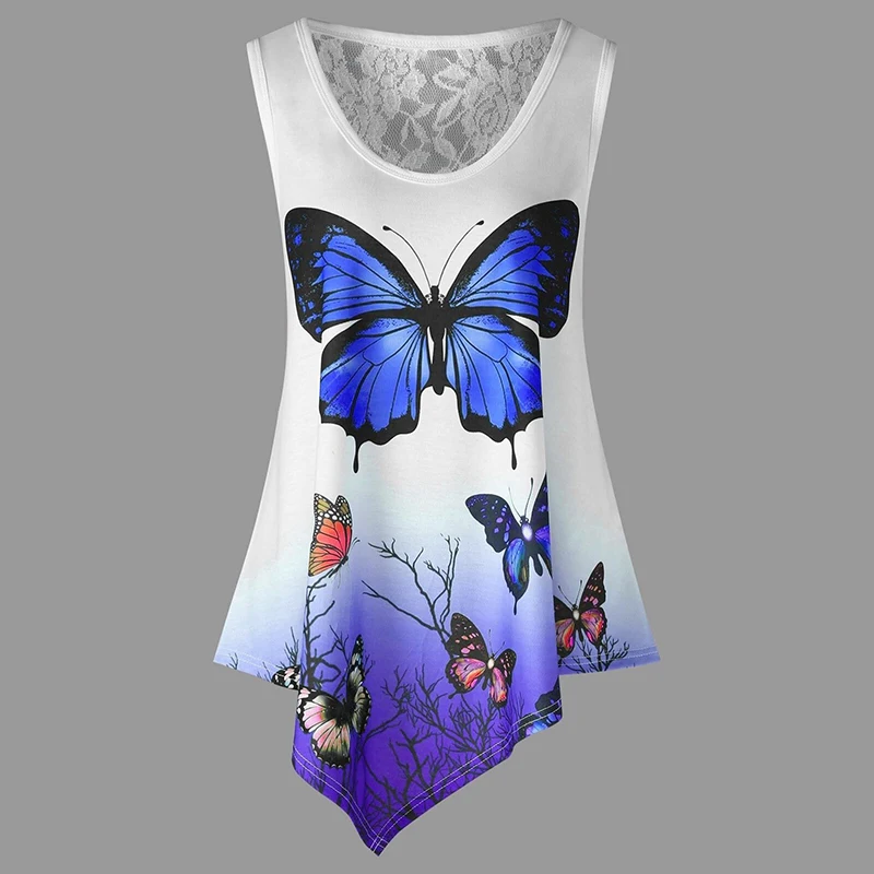 Женская свободная длинная футболка без рукавов с принтом бабочки винтажный Топ