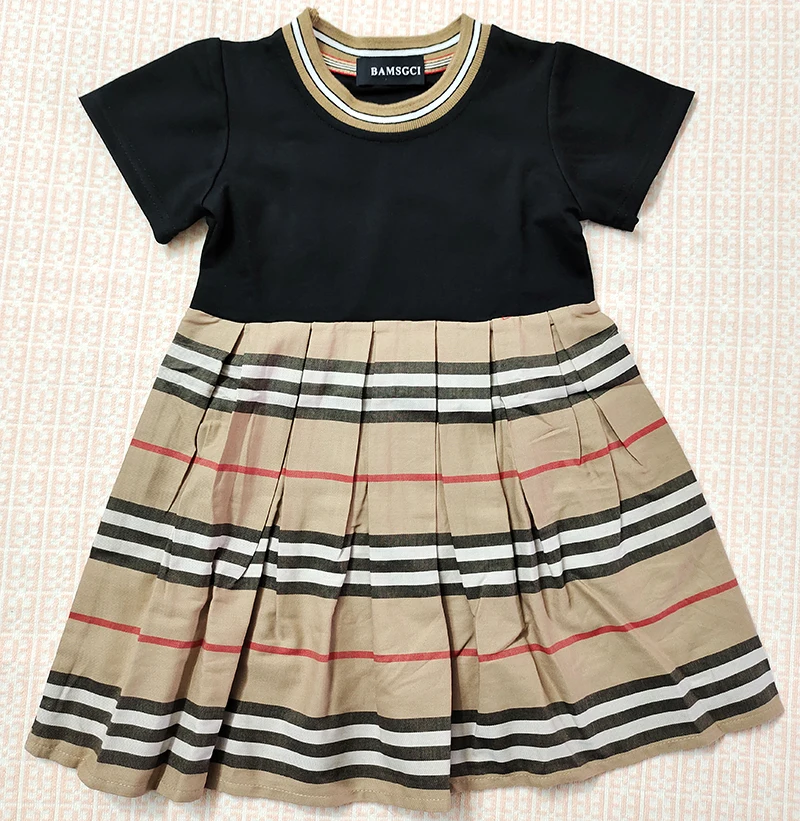 

New 2021 summer Fashion kids dresses for girls clothes flower Short sleeve stitching striped baby girls dress 2-10 years TW003