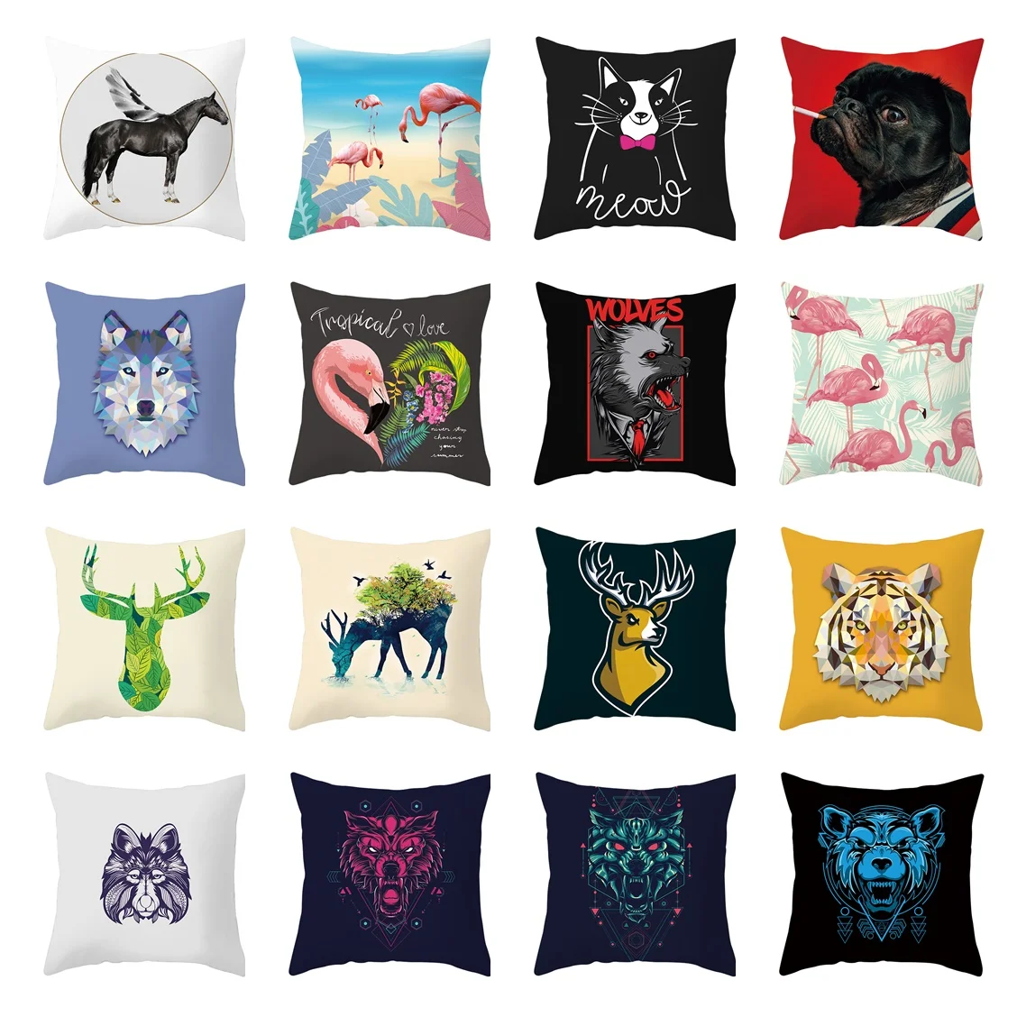 

Flamingo Sofa Decorative Cushion Covers Cartoon Colorful Wolf Pillow Case Home Decor Deer Head Pillowcase Bedroom Pillow Cover