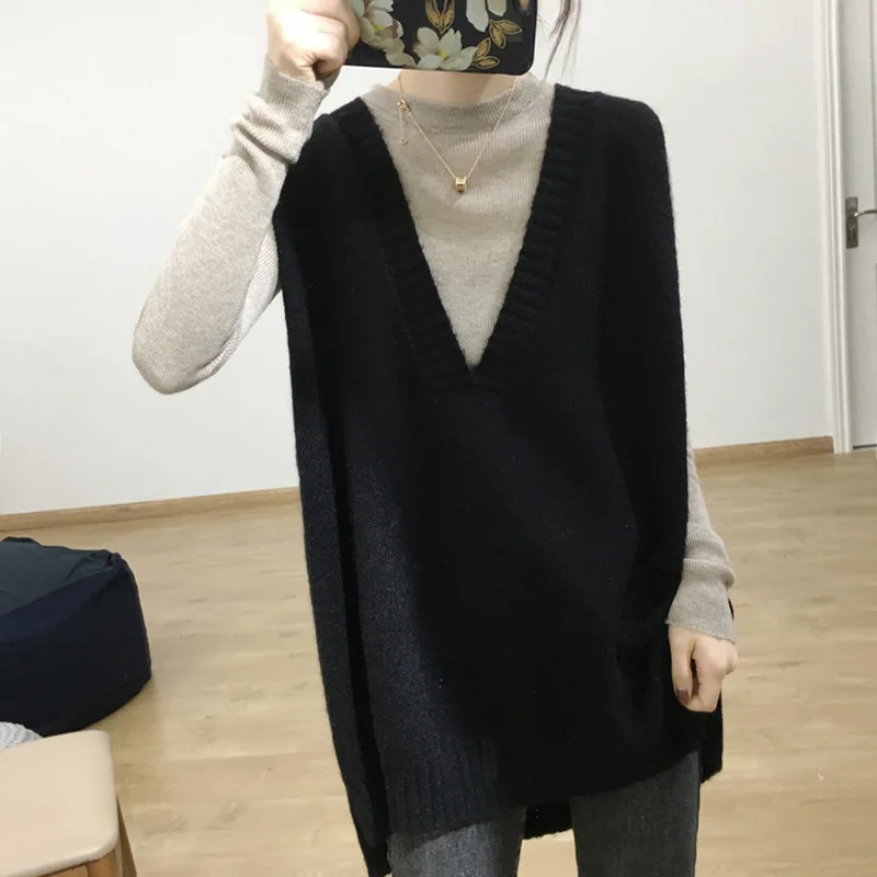 

Women Knitted Vest Autumn Winter Korean Retro Simple Casual Loose Sweater Deep V Neck Sleeveless Jacket Top Waistcoat Knitwear