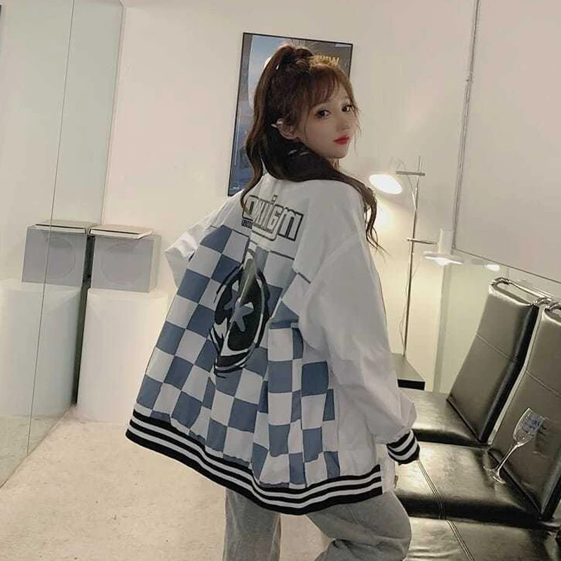 Повседневные клетчатые куртки в стиле Харадзюку с надписью женские корейские