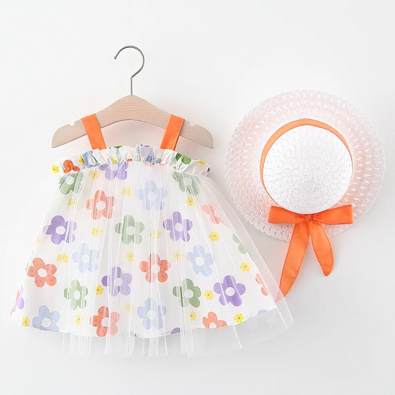 Summer New baby Sweet Flowers Cotton Dress + Bow Hat Girls Sleeveless Princess kids girl cloths |