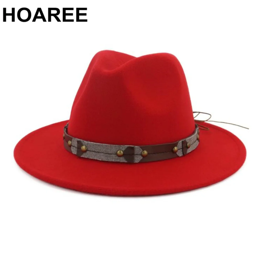 

HOAREE Women Fedora Hat Wool Felt Hat Red Panama Tribby Female Spring Autumn Woolen Belt Decorate British Style Ladies Jazz Hat
