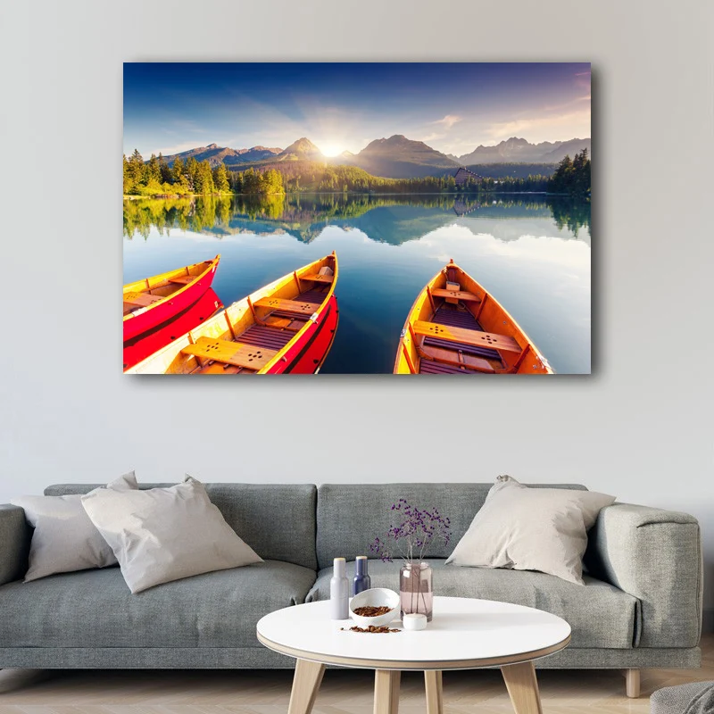 Лодка высокие Татры озеро горы Словакия Солнечный пейзаж настенные