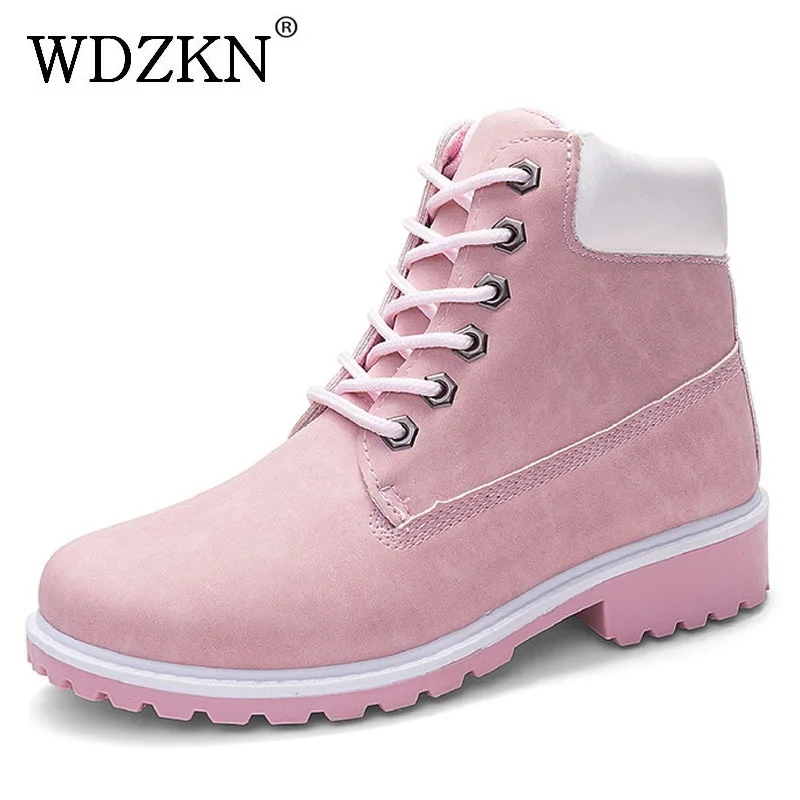 

WDZKN 2021 Autumn Winter Warm Women Boots Fashion Waterproof Casual Flats Boots Lace Up Round Toe Women Ankle Boots H2