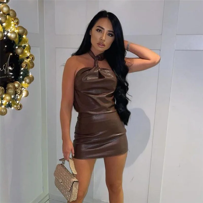 

BKLD Sexy Outfits For Woman 2021 Autumn And Winter New Bandage Dress Halter Neck Backless Fashion PU Leather Bodycon Dress