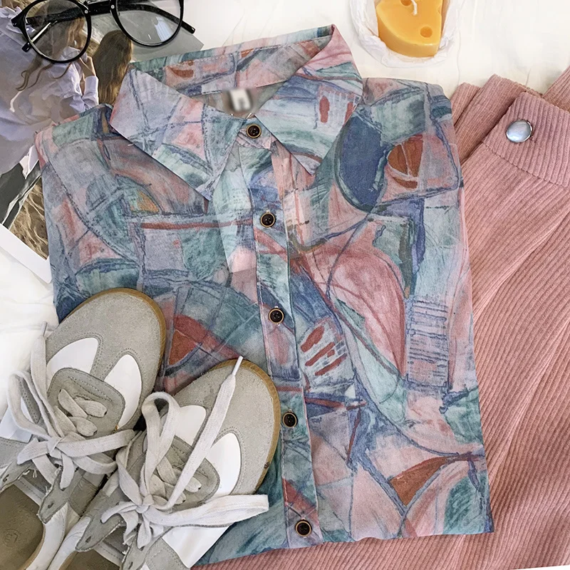 

Женская свободная тонкая рубашка с длинным рукавом, с принтом маслом