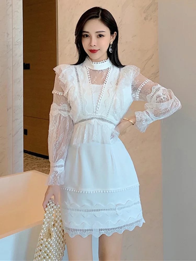 

Luxury Design Mesh Long Sleeve Runway Dress Women Spring Summer Sexy High Waist Patchwork White Lace Hollow Out Mini Party Dress