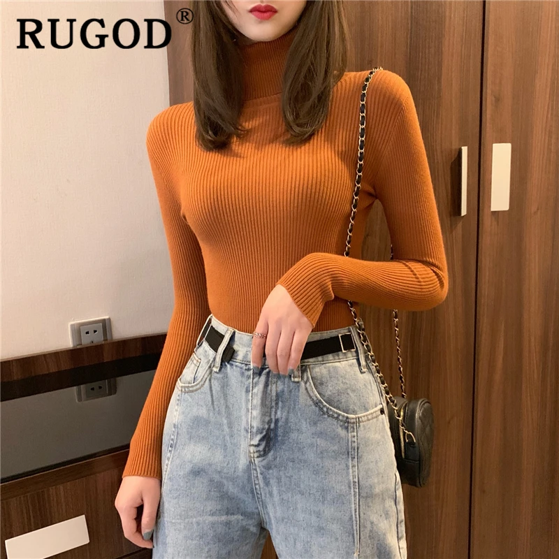 RUGOD Casual Solid Basic Knitted Blouse Women Elegant Turtleneck Long Sleeve Tunic Auturm Bottoming Pullover Tops 2019 new | Женская