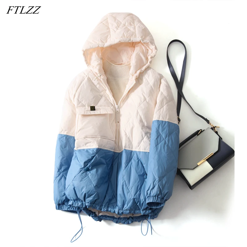 

FTLZZ Winter 90% White Duck Down Coat Women Splicing Colour Hooded Down Jacket Casual Loose Parkes Female Feather Warm Outwear