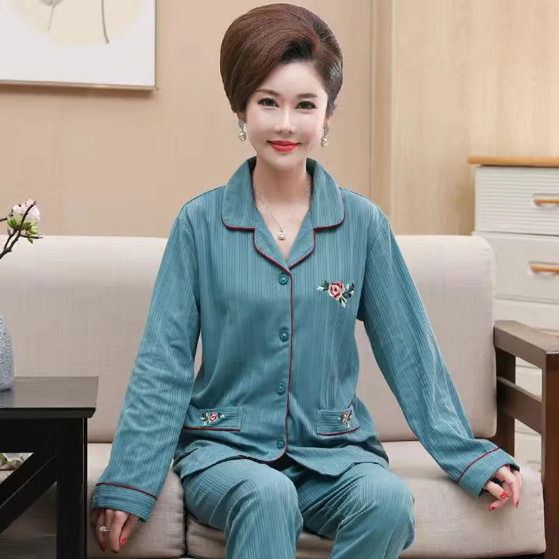 Fdfklak M-4XL Elegant Middle Aged Mother's Pajamas Set Long Sleeve Pant Sleepwear Women Suit Large Size Cotton Home Clothes