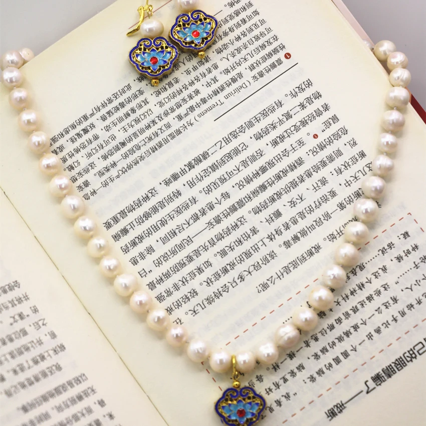 Природный 9-10 мм белый пресноводный жемчуг бусы колье серьги золото-цвет