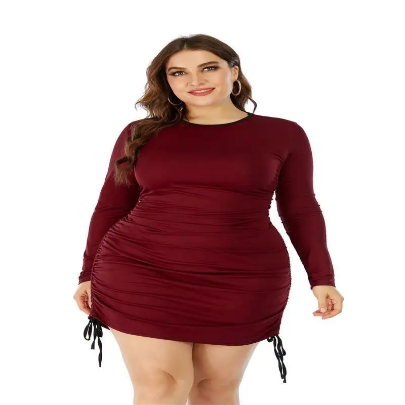 

2021 New Size Round Neck Long Sleeve Color Matching Drawstring Hip Skirt Dress