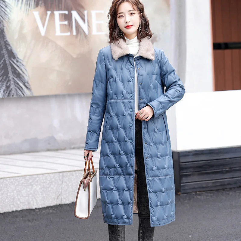 New Women Sheepskin Down Overcoat Autumn Winter 2022 Fashion Warm Mink Fur Collar Loose Leather Down Coat Thick Long Fur Coat