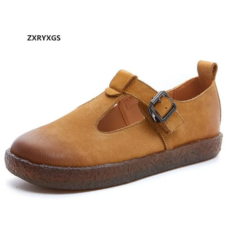 

2021 New Spring Classic Retro Top Cowhide Nubuck Leather Shoes Woman Flats Soft Sole Comfortable Shoes Casual Shoes Tide