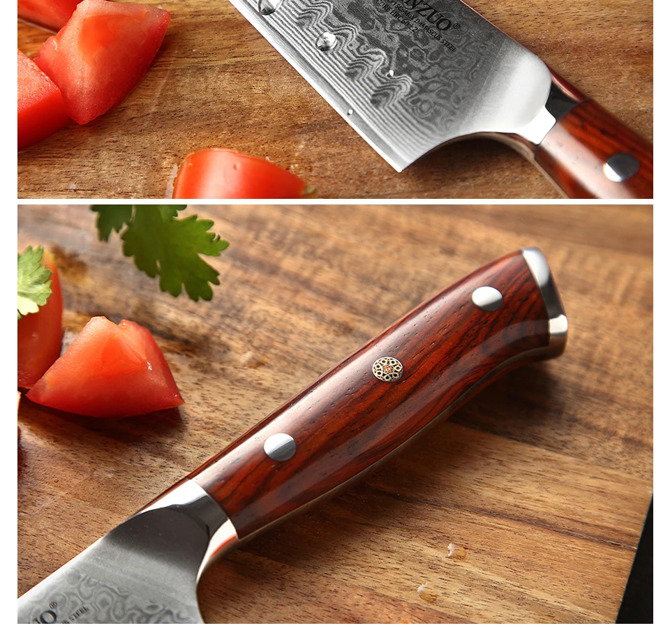 XINZUO 5 ''дюймовый нож Santoku 67 слоев Китай Дамасская сталь кухонные ножи Высокое качество барбекю нож с розовой деревянной ручкой