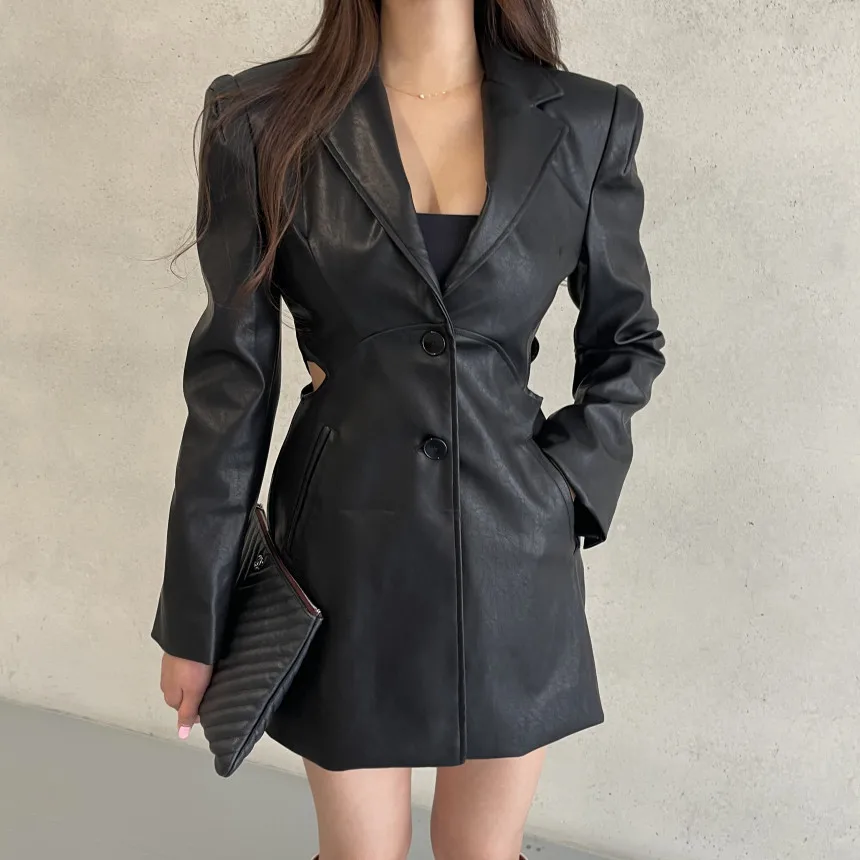

Женский костюм юбка Women Autumn Elegent PU Leather Suit Dresses Jacket Fashion Solid Hole Sexy Long Sleeve Outerwear Gothic Ins