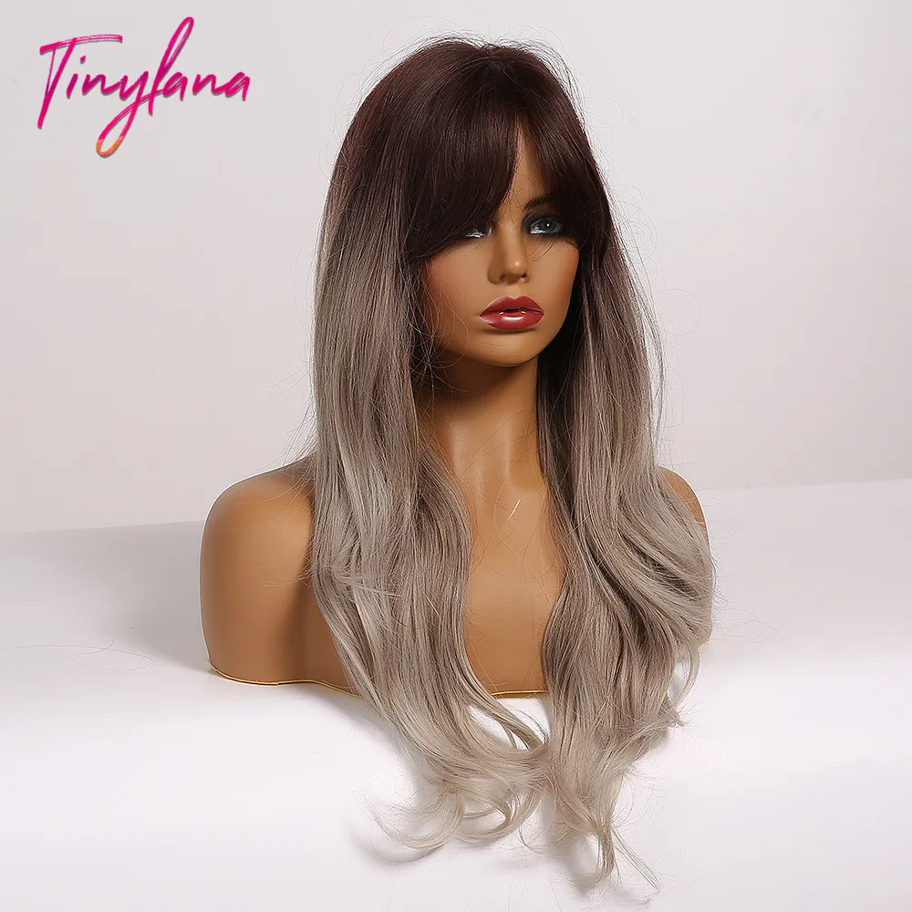 Крошечная Лана длинные Омбре коричневые пепельно-серые синтетические парики
