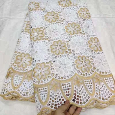3 as picture cotton Swiss voile lace fabric white and gold African dry cotton lace fabric with wonderful embroidery for dress CLL045 - Цвет: 3 as picture