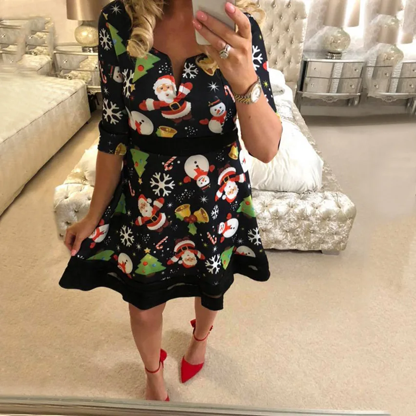 Женское платье с v образным вырезом Осень зима 2019 рождественское Санта Клауса