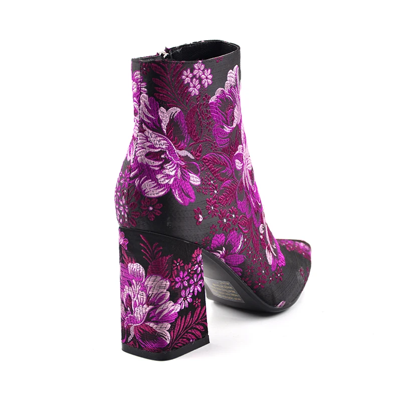 Женские ботильоны с вышивкой высокие ботинки в стиле ретро на высоком каблуке