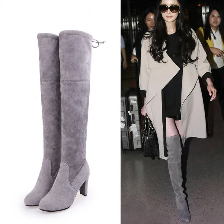 

2022 new style over-the-knee boots women's leather high boots square toe thick heel stretch slim sexy ladies winter boots
