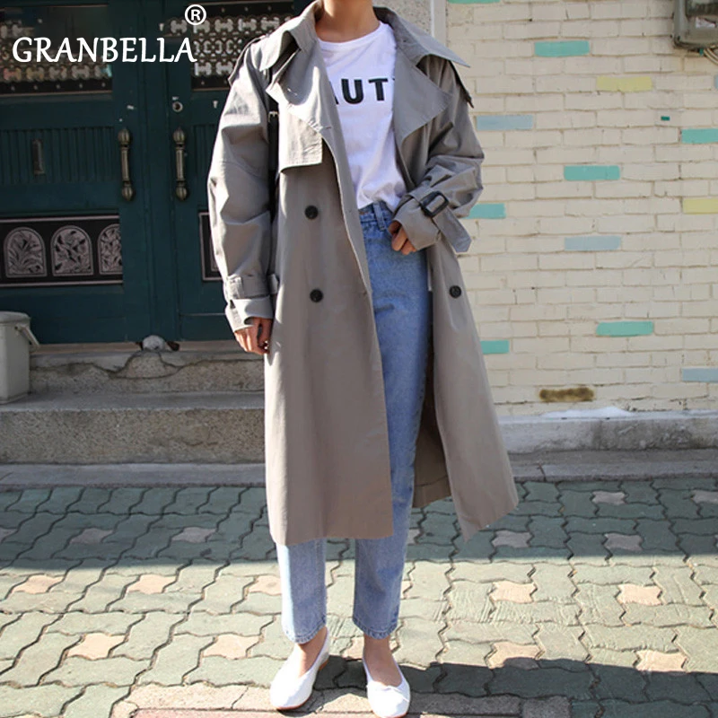 

Top Sales Russian Style Grey Khaki Double-breasted Trench Coats Oversized Casual Women's Windbreaker Woman Long Sleeve Outerwear