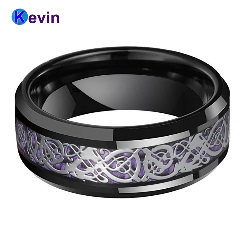 Вольфрамовое кольцо 8 мм для мужчин и женщин обручальное с фиолетовым углеродным