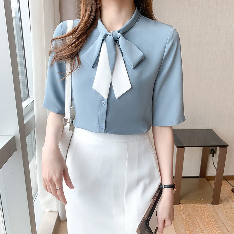 

summer Bow tie Women Shirts short Sleeve Chiffon Office Blouse Women Clothes Womens Tops Profession Blouses