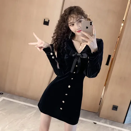 TingYiLi Black Velvet Dress Autumn Winter Long Sleeve Elegant Ladies Dresses Vintage V-neck Short Party | Женская одежда