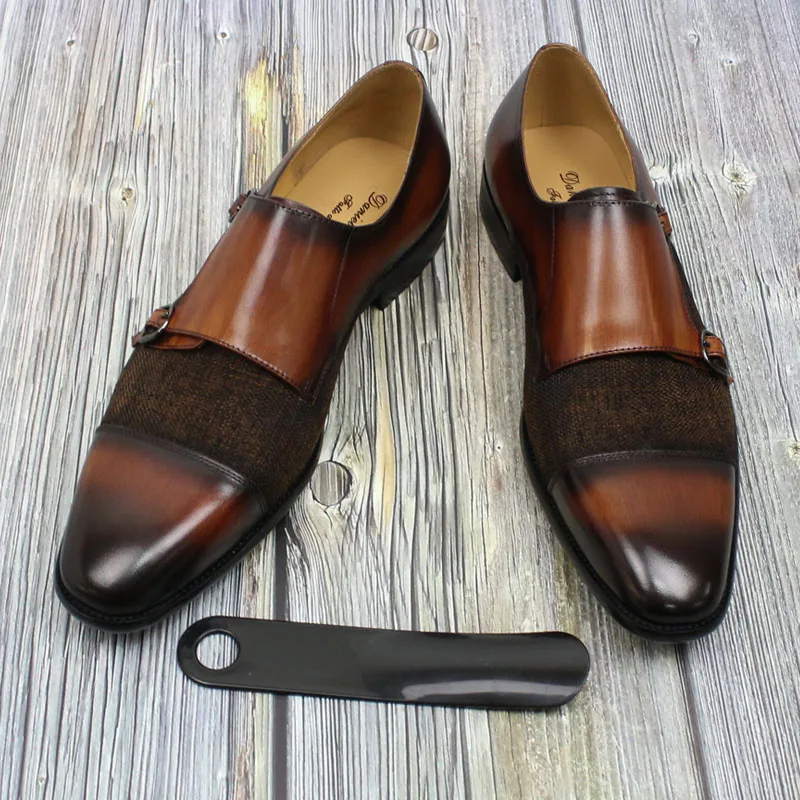 DANIEL WAFER Brand Designer Monk Strap Mens Dress Shoes Genuine Leather With Denim Black Brown Wedding Party Dress Shoes Men