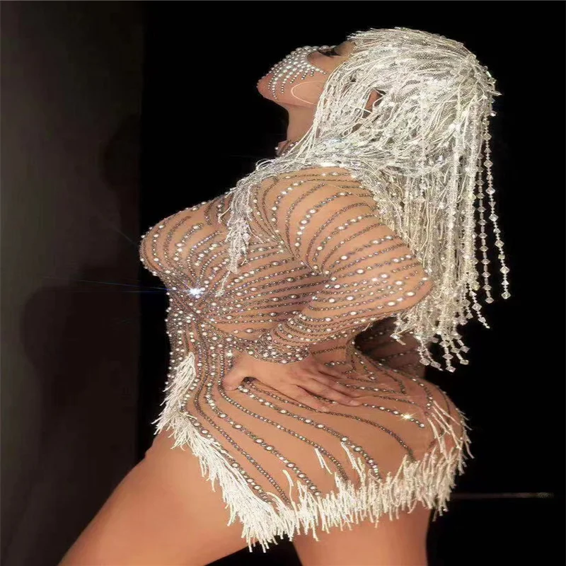 

H166 Party Modern Fashion Bodysuit Tight Diamonds Nightclub Model Celebration Tassels Drilling New Chain Rhinestone Show Stage