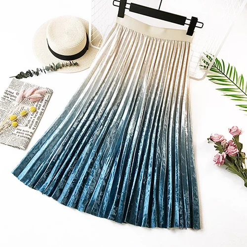 apricot SURMIITRO Warm Velvet Midi Skirt Women Autumn Winter Korean Pink Gradient Ladies High Waist Pleated Long Skirt Female - Цвет: apricot