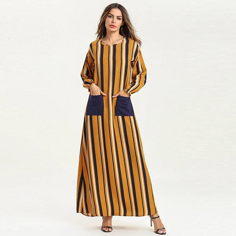 Muslim Dress Dubai Simple Fashion Long Sleeve Skirt Islamic Turkey Striped Thin Panel Middle East Arab Kimono Moroccan | Тематическая