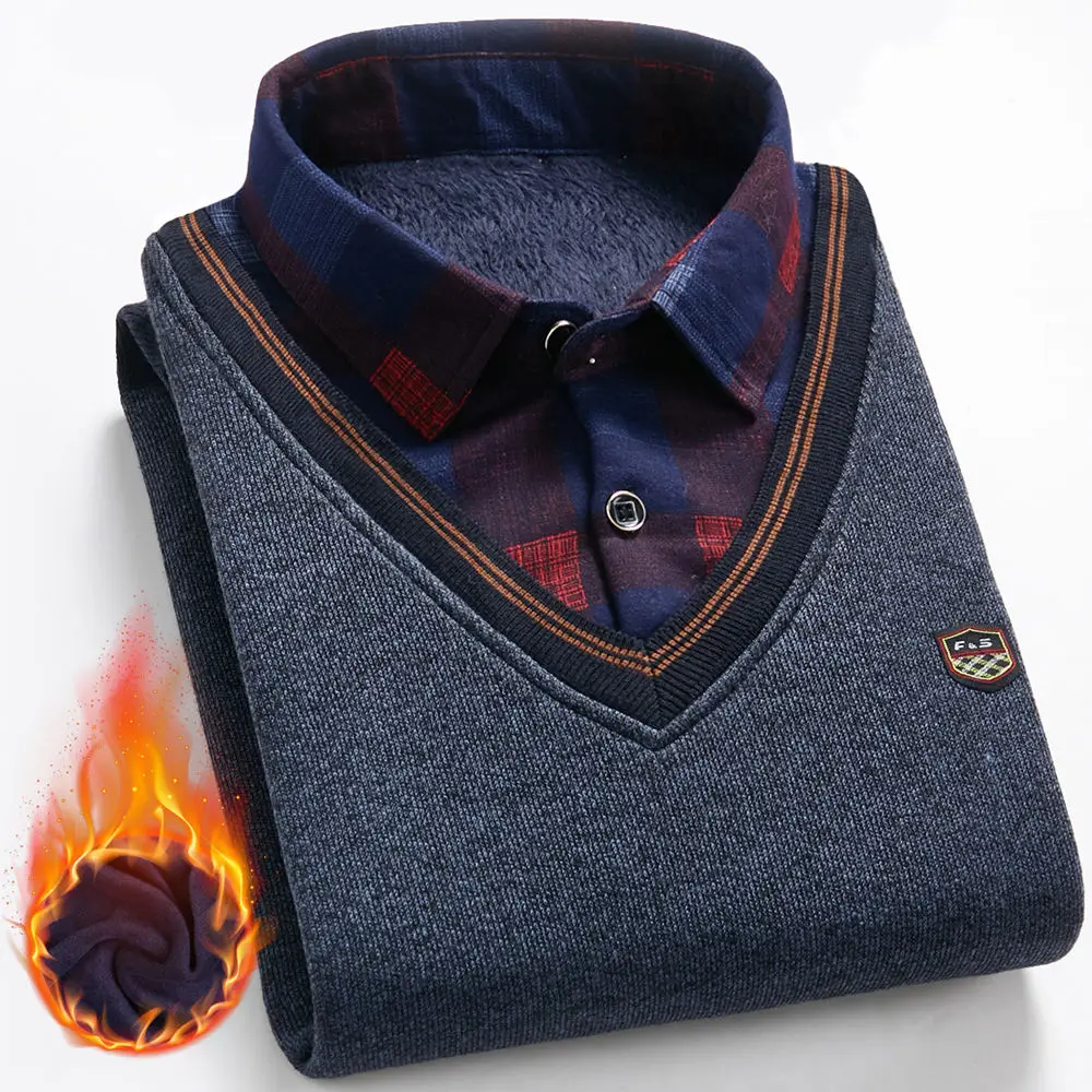 

Новинка 2021, Мужской флисовый свитер с воротником на осень и зиму, модный плотный теплый свитер в клетку, мужской бархатный плотный свитер