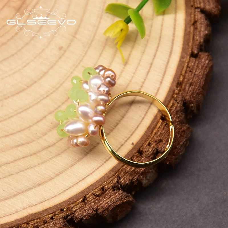 

GLSEEVO Natural Freshwater Pearl Ring Adjustable For Women Green Crystal Opening Ring Elagant Bridal Fashion Jewelry GR0273