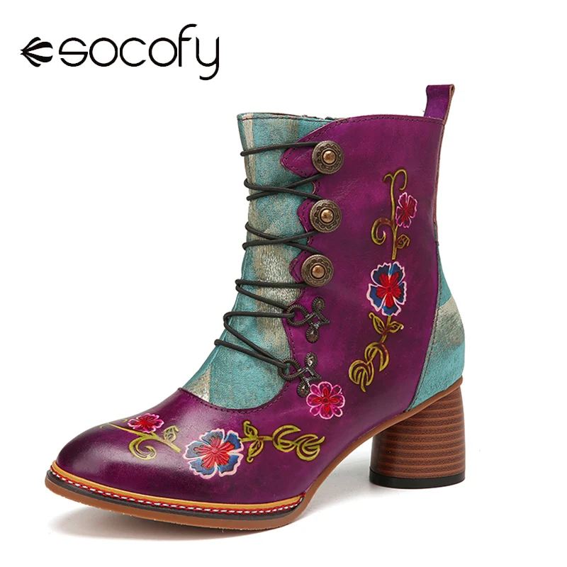 SOCOFY/женские зимние ботинки Винтажные короткие из натуральной кожи с цветочным