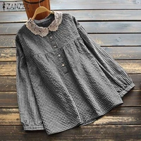 oversized vintage blouse women long sleeve plaid shirt zanzea retro autumn casual lace patchwork tops button blusas chemise