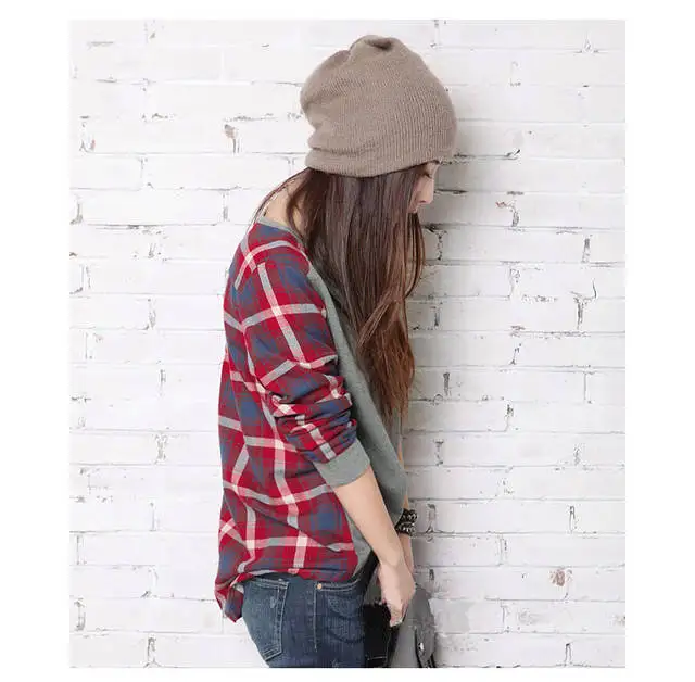 

Casual Fashion Cotton Harajuku B Aesthetics Tshirt Full Sleeve Tops & Tees Femmes T Shirt Loose O-Neck Patchwork Grid T-shirt