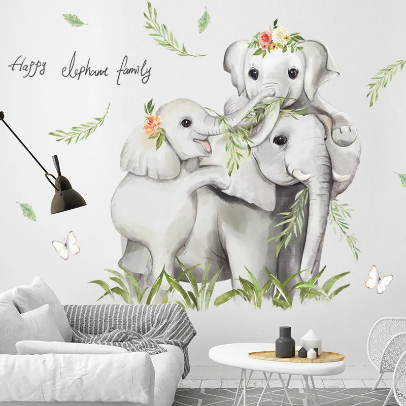 

mamalook Cartoon Safari Jugle 3 Elephants Family Baby Wall Stickers Nursery Kids Room Wall Decals PVC Home Bedroom Decor Sticker