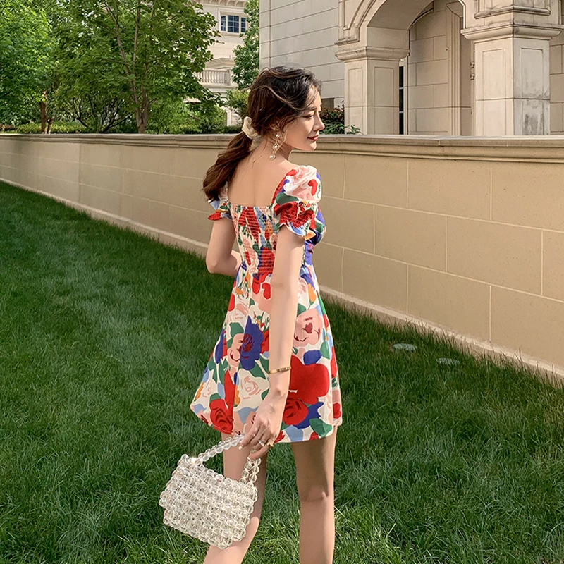 

Summer Dress Retro Boho Women Floral Print Mini Sexy White Dress Y2k Elegant Puff Sleeve Lace Up Art Dresses For Women 2021