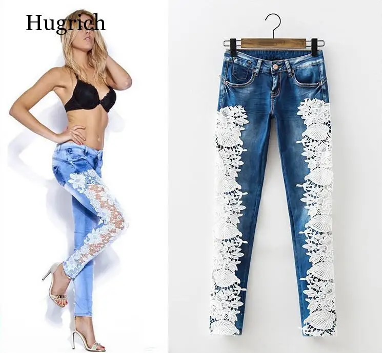 Джинсы со средней талией и кружевом модные полноразмерные эластичные колготки с