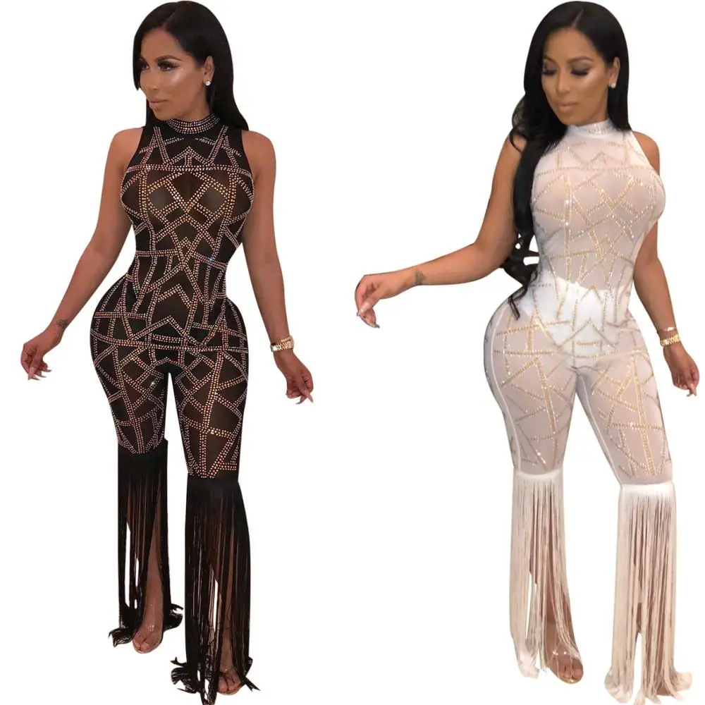 Блестящий женский прозрачный комбинезон в стиле пэчворк Облегающий без рукавов