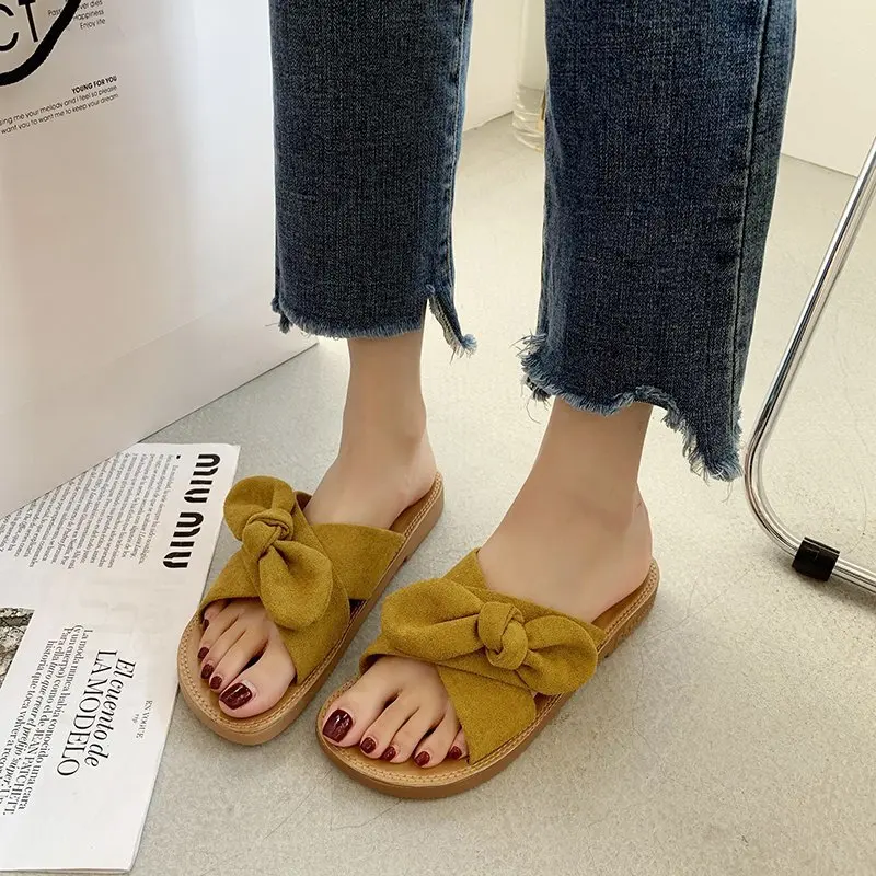 

Female Shoes Slippers Soft Slides Lady Fashion Low Butterfly-Knot Flock 2021 Comfort Flat Girl Summer Luxury PU Rubber Butterfly