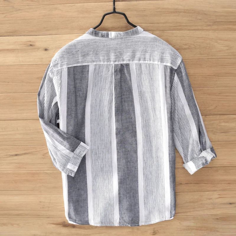 Рубашка мужская в полоску из хлопка и льна с воротником-стойкой рукавом до локтя |