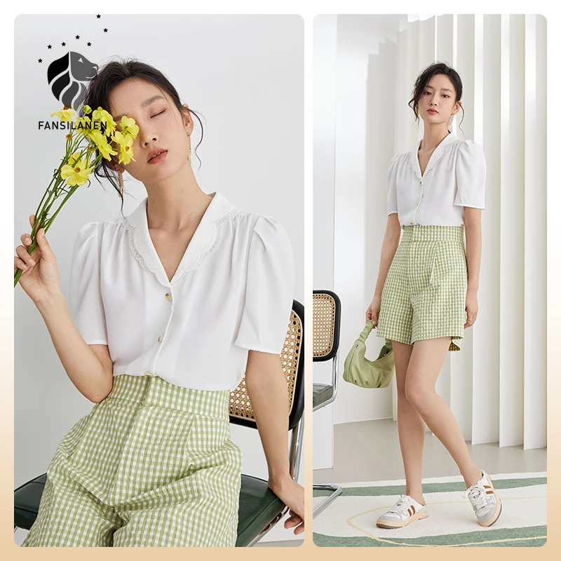 

FANSILANEN Office Lady White Orange Chiffon Shirt Women 2021 Summer Short Sleeve French Puff Sleeve Top 2021 New Blouse