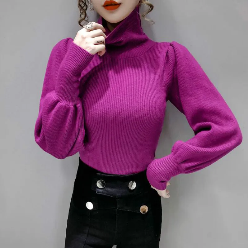 

Casual Turtleneck Knitted Pullover Sweater Women Fashion Lantern Sleeve Slim Knit Sweater Korean Style Female Jumper